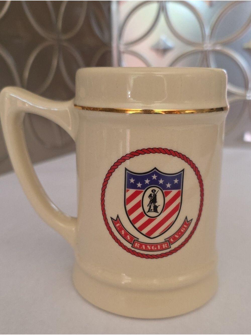 Vintage USS Ranger (CV-61) Ceramic Coffee Mug Gold Trim U.S. Navy
